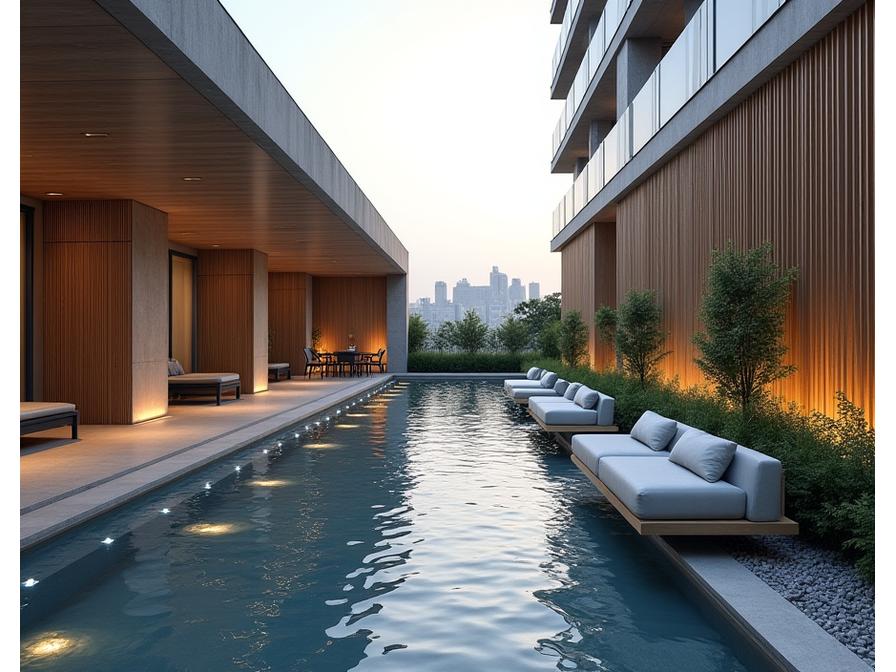 Cortile urbano con lame d'acqua per comfort acustico